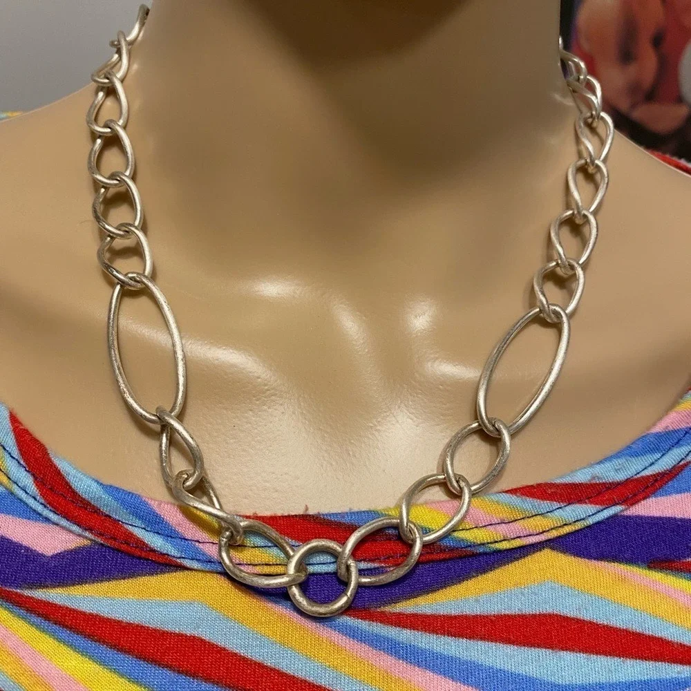 Chunky Silver Tone Chain Link Necklace Statement Fashion Jewelry‎
